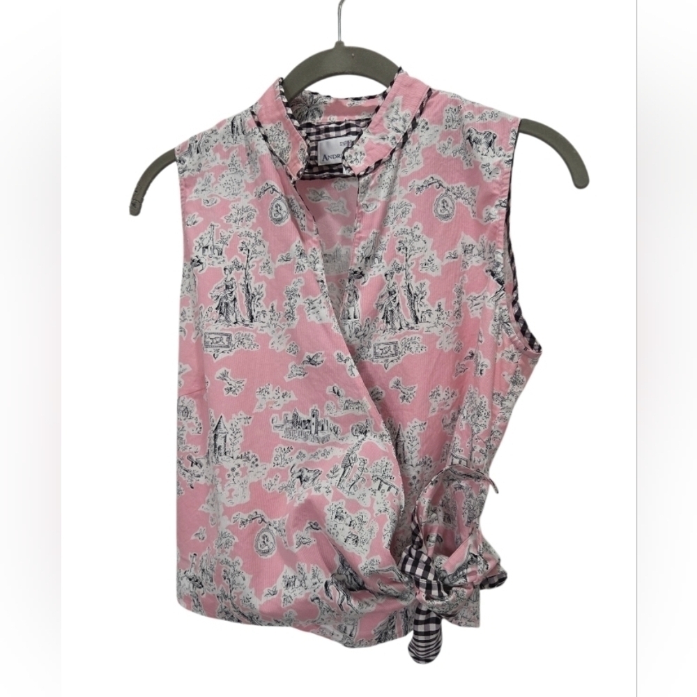 Andrea Becker Sleeveless Wrap Style Blouse Toile De Jouy Print, Medium